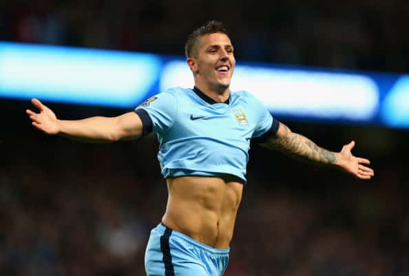 MANCHESTER, ENGLAND - AUGUST 25: Stevan Jovetic of Manchester City celebrates scoring the second goal during the Barclays Premier League match between Manchester City and Liverpool at the Etihad Stadium on August 25, 2014 in Manchester, England. (Photo by Clive Brunskill/Getty Images)