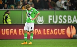 WOLFSBURG, GERMANY - OCTOBER 02: Nicklas Bendtner of Wolfsburg looks dejected during the UEFA Europa League match between VfL Wolfsburg and LOSC Lille at the Volkswagen Arena on October 2, 2014 in Wolfsburg, Germany. (Photo by Stuart Franklin/Bongarts/Getty Images)