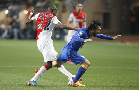 MONACO - APRIL 22: Geoffrey Kondogbia of Monaco and Andrea Pirlo of Juventus in action during the UEFA Champions League Quarter Final second leg match between AS Monaco FC and Juventus at Stade Louis II on April 22, 2015 in Monaco. (Photo by Jean Catuffe/Getty Images)