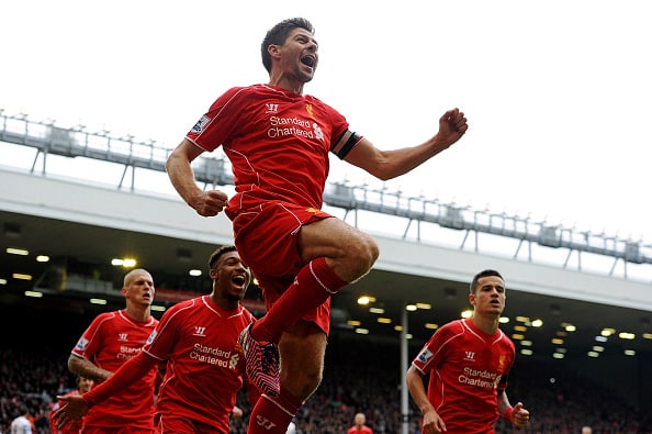 LIVERPOOL, ENGLAND - MAY 02: (THE SUN OUT, THE SUN ON SUNDAY OUT) Steven Gerrard of Liverpool celebrates his winning goal during the Barclays Premier League match between Liverpool and Queens Park Rangers at Anfield on May 2, 2015 in Liverpool, England. (Photo by Andrew Powell/Liverpool FC via Getty Images)