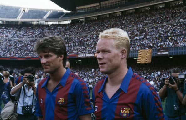 Footballers Michael Laudrup (left) and Ronald Koeman of FC Barcelona, circa 1990. (Photo by Bob Thomas/Getty Images)