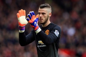 MANCHESTER, ENGLAND - MAY 17: Manchester United goalkeeper, David de Gea applauds during the Barclays Premier League match between Manchester United and Arsenal at Old Trafford on May 17, 2015 in Manchester, England. (Photo by Marc Atkins/Mark Leech/Getty Images)