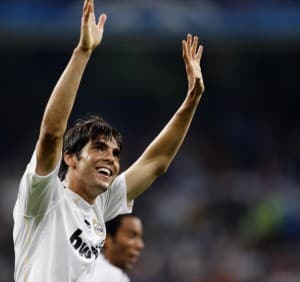 MADRID, SPAIN - SEPTEMBER 30: Kaka of Real Madrid celebrates after scoring during the UEFA Champions League Group C match between Real Madrid and Marseille at Santiago Bernabeu on September 30, 2009 in Madrid, Spain. (Photo by David R. Anchuelo/Real Madrid via Getty Images)