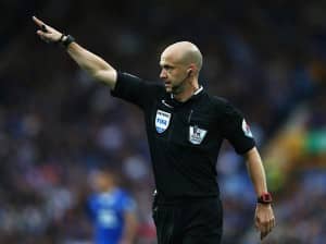 LIVERPOOL, ENGLAND - AUGUST 23: Referee Anthony Taylor signals during the Barclays Premier League match between Everton and Manchester City at Goodison Park on August 23, 2015 in Liverpool, England. (Photo by Clive Brunskill/Getty Images)
