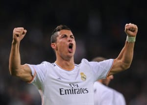 MADRID, SPAIN - OCTOBER 30: Cristiano Ronaldo of Real Madrid CF celebrates after scoring Real's 6th goal during the La Liga match between Real Madrid CF and Sevilla FC at the Santiago Bernabeu Stadium on October 30, 2013 in Madrid, Spain. (Photo by Denis Doyle/Getty Images)