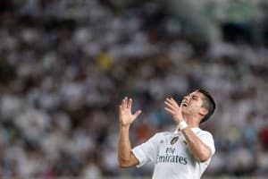 GUANGZHOU, CHINA - JULY 27: (CHINA OUT) Cristiano Ronaldo #7 of Real Madrid reacts after missing a goal opportunity during the International Champions Cup football match between Inter Milan and Real Madrid at Tianhe Sports Center on July 27, 2015 in Guangzhou, China. (Photo by ChinaFotoPress/ChinaFotoPress via Getty Images)