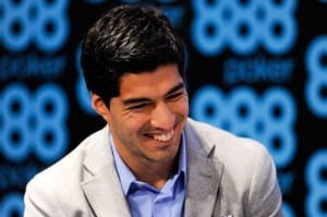 BARCELONA, SPAIN - MAY 14: Luis Suarez of Liverpool faces the media during the presentation as new Ambassador for 888poker on May 14, 2014 in Barcelona, Spain. (Photo by David Ramos/Getty Images)