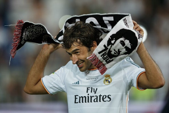 MADRID, SPAIN - AUGUST 22: Former Real Madrid player Raul, donning a towel bearing his likeness, acknowledges the crowd after the Santiago Bernabeu Trophy match between Real Madrid CF and Al-Sadd at Estadio Santiago Bernabeu on August 22, 2013 in Madrid, Spain. (Photo by Gonzalo Arroyo Moreno/Getty Images)
