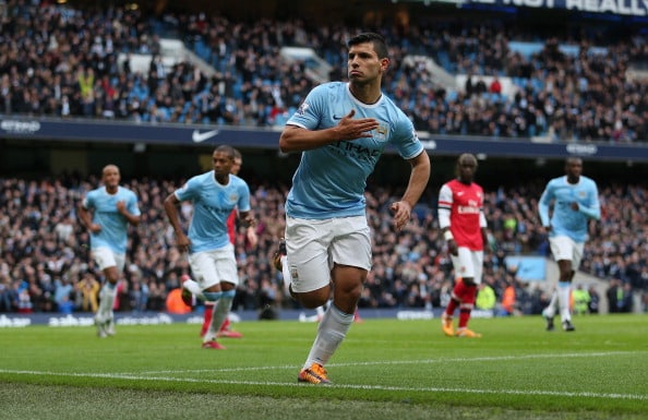 MANCHESTER, ENGLAND - DECEMBER 14: Sergio Aguero of Manchester City celebrates after scoring the first goal during the Barclays Premier League match between Manchester City and Arsenal at Etihad Stadium on December 14, 2013 in Manchester, England. (Photo by Clive Brunskill/Getty Images)