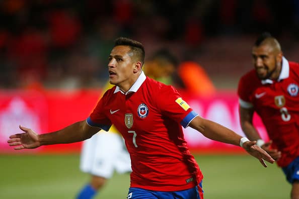SANTIAGO, CHILE - OCTOBER 8: Alexis Sanchez of Chile celebrates after scoring the second goal of his team during a match between Chile and Brasil as a part of FIFA 2018 World Cup Qualifier at Nacional Julio Martinez Pradanos Stadium on October 8, 2015, in Santiago, Chile. (Photo by Franco Moreno/LatinContent/Getty Images)
