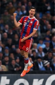MANCHESTER, ENGLAND - NOVEMBER 25:  Robert Lewandowski of Bayern Muenchen celebrates after scoring his team's second goal during the UEFA Champions League Group E match between Manchester City and FC Bayern Muenchen at the Ethad Stadium on November 25, 2014 in Manchester, United Kingdom.  (Photo by Alex Livesey/Getty Images)