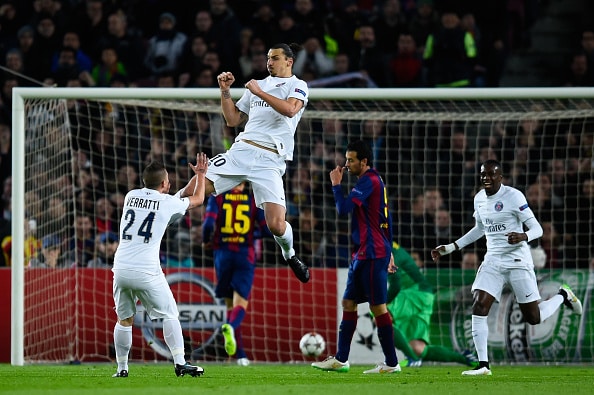 BARCELONA, SPAIN - DECEMBER 10: Zlatan Ibraimovic of Paris Saint-Germain FC celebrates after scoring the opening goal during the UEFA Champions League group F match between FC Barcelona and Paris Saint-Germanin FC at Camp Nou Stadium on December 10, 2014 in Barcelona, Spain. (Photo by David Ramos/Getty Images)