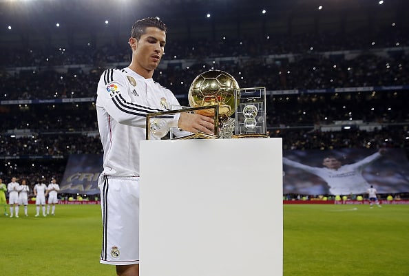 MADRID, SPAIN - JANUARY 15: Cristiano Ronaldo of Real Madrid holds his FIFA Ballon d'Or before the Copa del Rey, round of 16 second leg match between Real Madrid CF and Club Atletico de Madrid at Estadio Santiago Bernabeu on January 15, 2015 in Madrid, Spain. (Photo by Angel Martinez/Real Madrid via Getty Images)