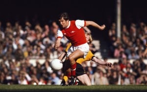 LONDON, UNITED KINGDOM - SEPTEMBER 29: Arsenal player John Hollins in action during a First Divison match between Arsenal and Wolverhampton Wanderers at Highbury on September 29, 1979 in London, England, Hollins scored the first goal in a 2-0 win. (Photo by Duncan Raban/Allsport/Getty Images)