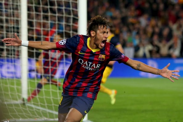 BARCELONA, SPAIN - APRIL 01:  Neymar of Barcelona celebrates his goal during the UEFA Champions League Quarter Final first leg match between FC Barcelona and Club Atletico de Madrid at Camp Nou on April 1, 2014 in Barcelona, Spain.  (Photo by Clive Rose/Getty Images)