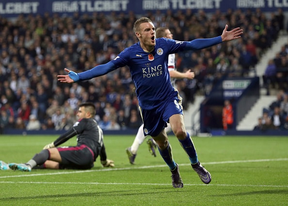 WEST BROMWICH, ENGLAND - OCTOBER 31: Jamie Vardy of Leicester City celebrates after he scores the third goal of the game for his side during the Barclays Premier League match between West Bromwich Albion and Leicester City at the Hawthorns on October 31, 2015 in West Bromwich, England. (Photo by Clint Hughes/Getty Images)