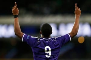BRUSSELS, BELGIUM - FEBRUARY 23: Aaron Leya Iseka of Anderlecht celebrates scoring the first goal of the game during the UEFA Youth League Round of 16 match between RSC Anderlecht and FC Barcelona held at Constant Vanden Stock Stadium on February 23, 2015 in Brussels, Belgium. (Photo by Dean Mouhtaropoulos/Getty Images)