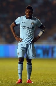 MANCHESTER, ENGLAND - MARCH 11: Thierry Ambrose of Manchester City looks on during the FA Youth Cup Semi Final First Leg match between Manchester City and Leicester City at the Etihad Campus on March 11, 2015 in Manchester, England. (Photo by Chris Brunskill/Getty Images)