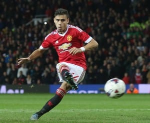 MANCHESTER, ENGLAND - OCTOBER 28: Andreas Pereira of Manchester United scores his penalty during the penalty shoot out during the Capital One Cup Fourth Round match between Manchester United and Middlesbrough at Old Trafford on October 28, 2015 in Manchester, England. (Photo by John Peters/Man Utd via Getty Images)