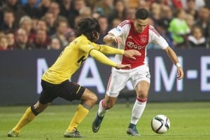 (L-R) Ard Van Peppen of Roda JC, Anwar El Ghazi of Ajax during the Dutch Eredivisie match between Ajax Amsterdam and Roda JC Kerkrade at the Amsterdam Arena on October 31, 2015 in Amsterdam, The Netherlands(Photo by VI Images via Getty Images)