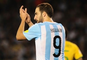 BUENOS AIRES, ARGENTINA - NOVEMBER 13: Gonzalo Higuain of Argentina greets during a match between Argentina and Brazil as part of FIFA 2018 World Cup Qualifiers at Monumental Antonio Vespucio Liberti Stadium on November 13, 2015 in Buenos Aires, Argentina. (Photo by Amilcar Orfali/LatinContent/Getty Images)