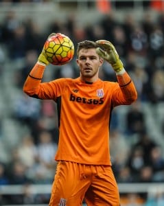 NEWCASTLE, ENGLAND - OCTOBER 31: Stoke City Goalkeeper Jack Butland holds his hands in the air preparing to catch the ball during the Barclays Premier League match between Newcastle United and Stoke City at St.James' Park on October 31, 2015, in Newcastle upon Tyne, England. (Photo by Serena Taylor/Newcastle United via Getty Images)