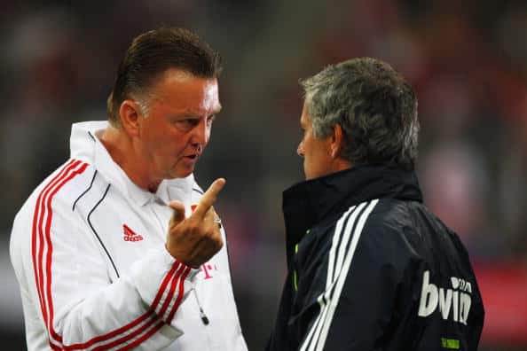 MUNICH, GERMANY - AUGUST 13:  Louis van Gaal of Bayern Muenchen and Jose Mourinho of Real Madrid chat prior to the Franz Beckenbauer Farewell match between FC Bayern Muenchen and Real Madrid at Allianz Arena on August 13, 2010 in Munich, Germany.  (Photo by Sandra Behne/Bongarts/Getty Images)