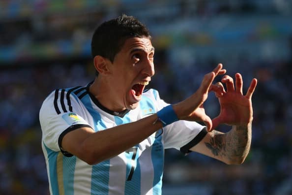 SAO PAULO, BRAZIL - JULY 01: Angel di Maria of Argentina celebrates scoring his team's first goal in extra time during the 2014 FIFA World Cup Brazil Round of 16 match between Argentina and Switzerland at Arena de Sao Paulo on July 1, 2014 in Sao Paulo, Brazil. (Photo by Julian Finney/Getty Images)