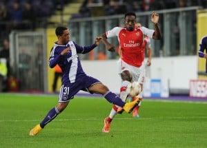 BRUSSELS, BELGIUM - OCTOBER 22: Danny Welbeck of Arsenal challenged by Youri Tielemans of Anderlecht during the UEFA Champions League match between RSC Anderlecht and Arsenal at the Constant Vanden Stock Stadium on October 22, 2014 in Brussels, Belgium. (Photo by Stuart MacFarlane/Arsenal FC via Getty Images)