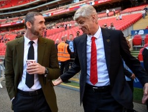 LONDON, ENGLAND - APRIL 18:  Arsene Wenger, manager of Arsenal, (R) chats to former Arsenal player Martin Keown prior to the FA Cup Semi-Final match between Arsenal and Reading at Wembley Stadium on April 18, 2015 in London, England.  (Photo by Michael Regan - The FA/The FA via Getty Images)