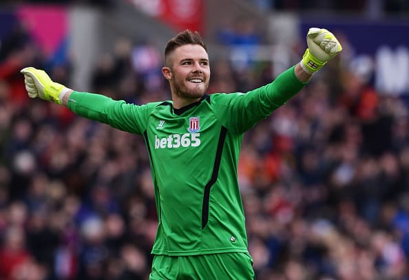 STOKE ON TRENT, ENGLAND - MAY 09: Jack Butland of Stoke City celebrates his team's second goal during the Barclays Premier League match between Stoke City and Tottenham Hotspur at Britannia Stadium on May 9, 2015 in Stoke on Trent, England. (Photo by Gareth Copley/Getty Images)