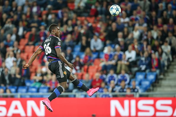 BASEL, SWITZERLAND - AUGUST 19:  Breel Embolo of Basel tries to score with a header during the UEFA Champions League qualifying round play off first leg match between FC Basel and Maccabi Tel Aviv at St. Jakob-Park on August 19, 2015 in Basel, Switzerland.  (Photo by Simon Hofmann/Getty Images)
