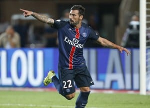 MONACO - AUGUST 30: Ezequiel Lavezzi of PSG celebrates his goal during the French Ligue 1 match between AS Monaco and Paris Saint-Germain at Stade Louis II on August 30, 2015 in Monaco. (Photo by Jean Catuffe/Getty Images)