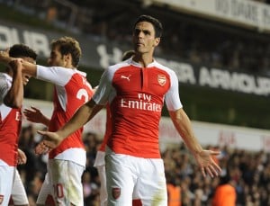LONDON, ENGLAND - SEPTEMBER 23:  Mikel Arteta celebrates the 2nd Arsenal goal, scored by Mathieu Flamini during the Capital One Cup Third Round match between Tottenham Hotspur and Arsenal at White Hart Lane on September 23, 2015 in London, England.  (Photo by Stuart MacFarlane/Arsenal FC via Getty Images)