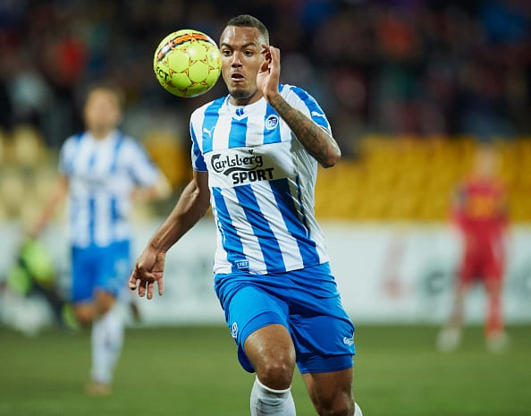 FARUM, DENMARK - OCTOBER 02: Kenneth Zohore of OB Odense in action during the Danish Alka Superliga match between FC Nordsjalland and OB Odense at Farum Park on October 02, 2015 in Farum, Denmark. (Photo by Jan Christensen / FrontzoneSport via Getty Images)