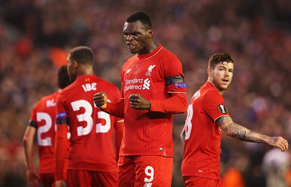LIVERPOOL, ENGLAND - NOVEMBER 26: Christian Benteke of Liverpool celebrates as he scores their second goal during the UEFA Europa League Group B match between Liverpool FC and FC Girondins de Bordeaux at Anfield on November 26, 2015 in Liverpool, United Kingdom. (Photo by Alex Livesey/Getty Images)