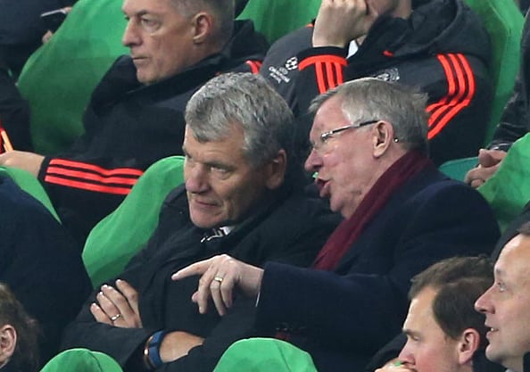 WOLFSBURG, GERMANY - DECEMBER 08:  Former Chief Executive David Gill and former manager Sir Alex Ferguson of Manchester United watch from the directors' box during the UEFA Champions League match between VfL Wolfsburg and Manchester United at Volkswagen Arena on December 8, 2015 in Wolfsburg, Germany.  (Photo by John Peters/Man Utd via Getty Images)