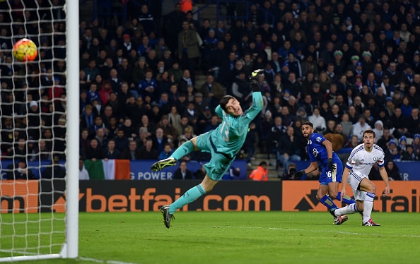 LEICESTER, ENGLAND - DECEMBER 14: Riyad Mahrez of Leicester City scores his team's second goal during the Barclays Premier League match between Leicester City and Chelsea at the King Power Stadium on December14, 2015 in Leicester, United Kingdom. (Photo by Michael Regan/Getty Images)