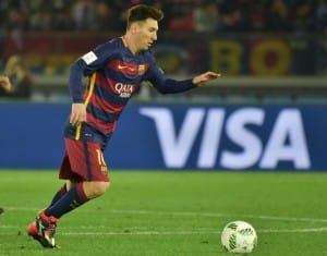 YOKOHAMA, JAPAN - DECEMBER 20: Lionel Messi of FC Barcelona drives the ball during the FIFA Club World Cup final match between River Plate and FC Barcelona at International Stadium Yokohama on December 20, 2015 in Yokohama, Japan. (Photo by Amilcar Orfali/LatinContent/Getty Images)