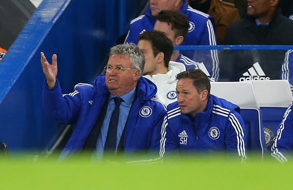 LONDON, ENGLAND - DECEMBER 26: Guus Hiddink interim manager of Chelsea and first team coach Steve Holland during the Barclays Premier League match between Chelsea and Watford at Stamford Bridge on December 26, 2015 in London, England. (Photo by Catherine Ivill - AMA/Getty Images)